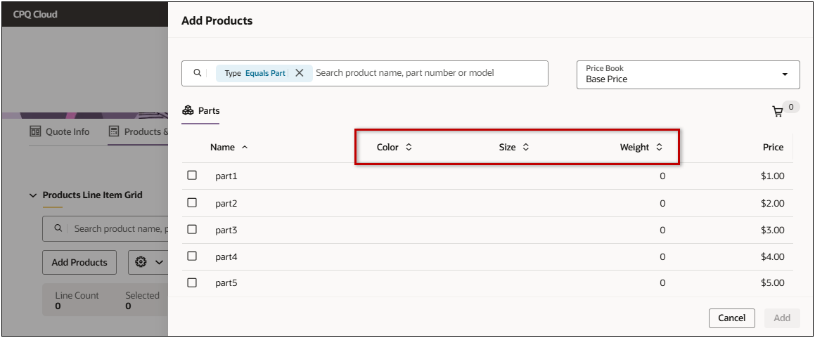 部品カスタム・フィールドを使用したソート
