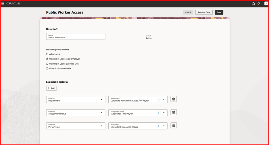 「ユーザーの雇用主の就業者」オプションが複数の除外基準とともに選択されている「公開就業者アクセス」ページ
