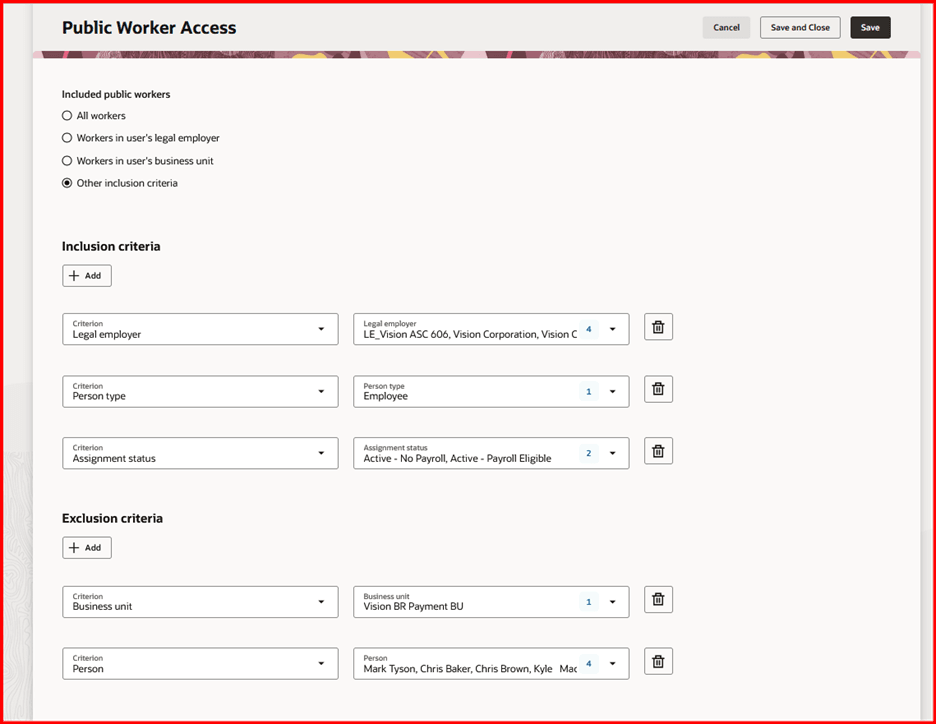 複数の追加基準および除外基準とともに「その他の追加基準」オプションが選択されている「公開就業者アクセス」ページ