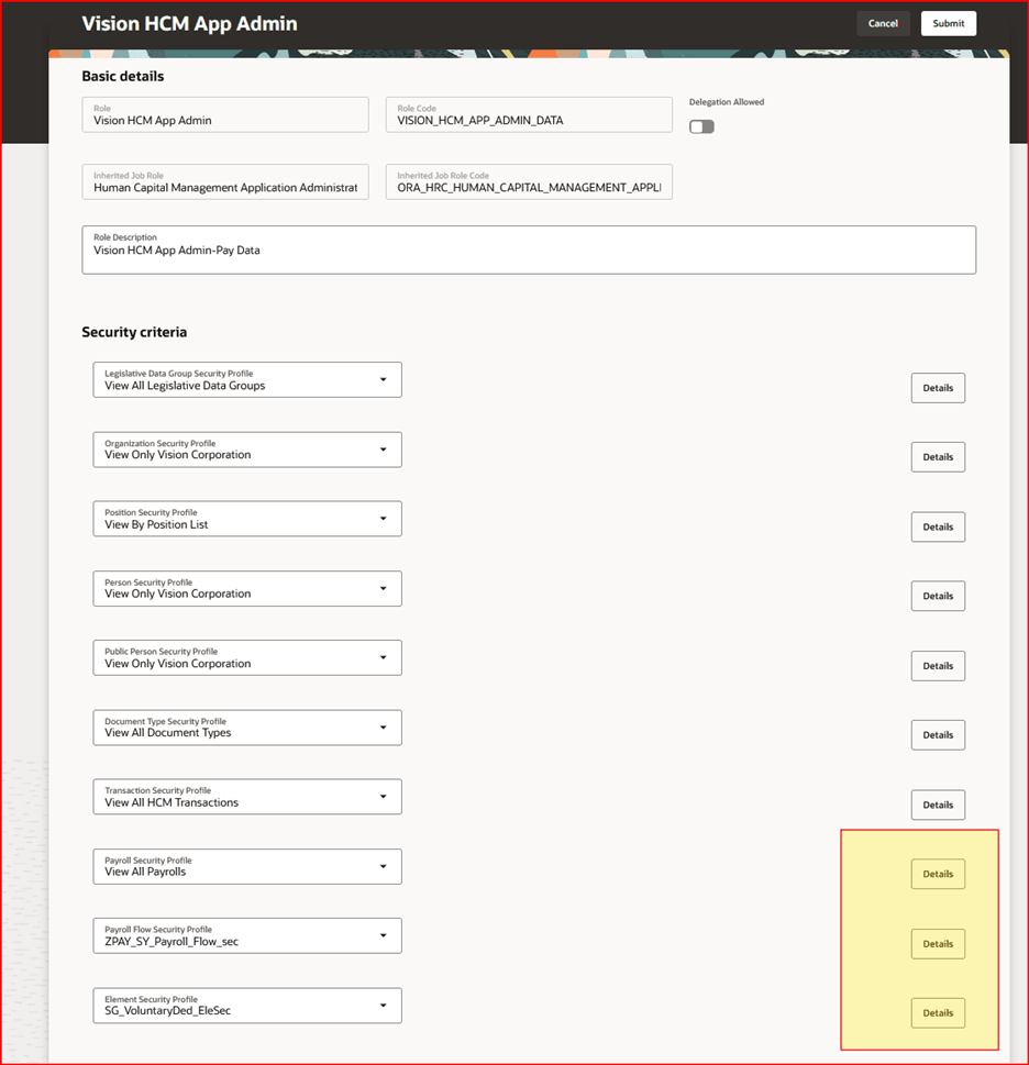 HCMデータ・ロールに含まれるようになった給与、給与フローおよびエレメント・セキュリティ・プロファイルの「詳細」ボタン
