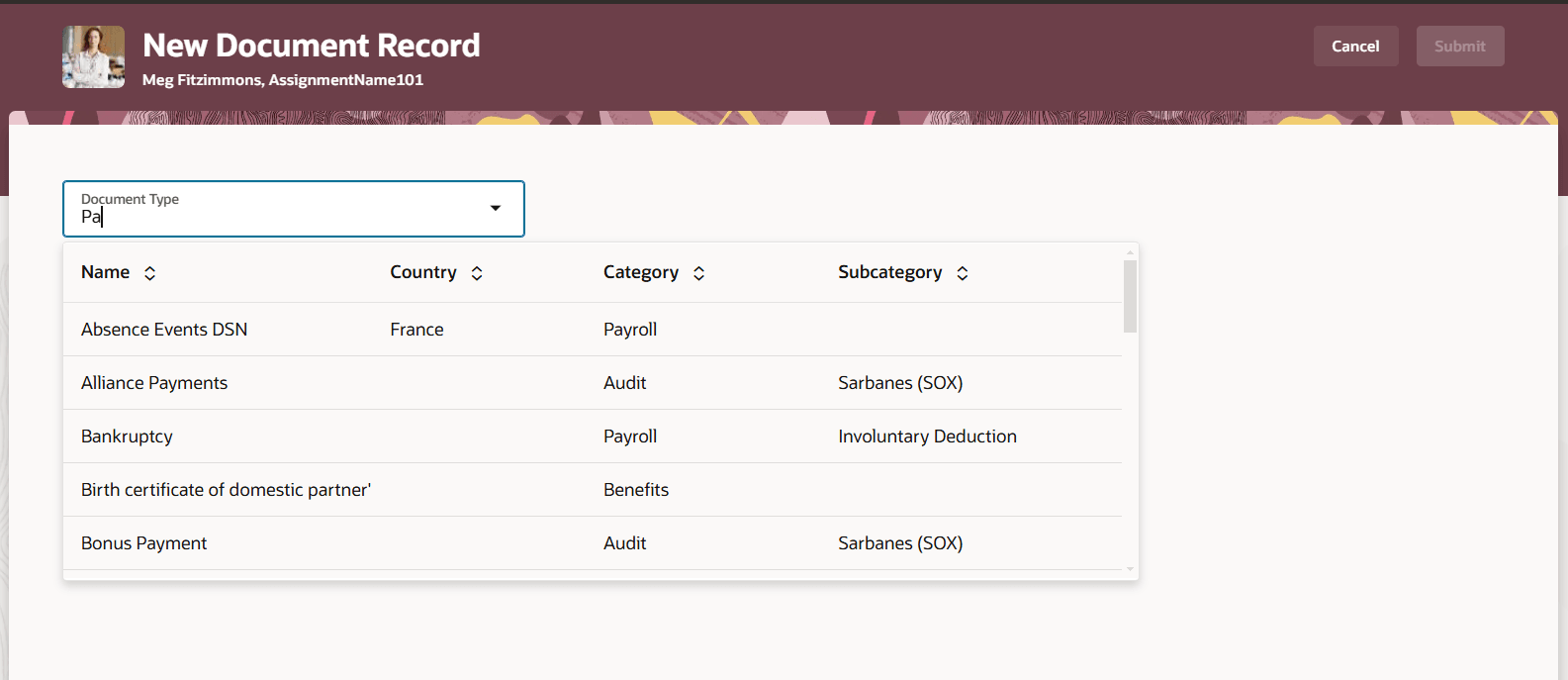 文書タイプ値リスト