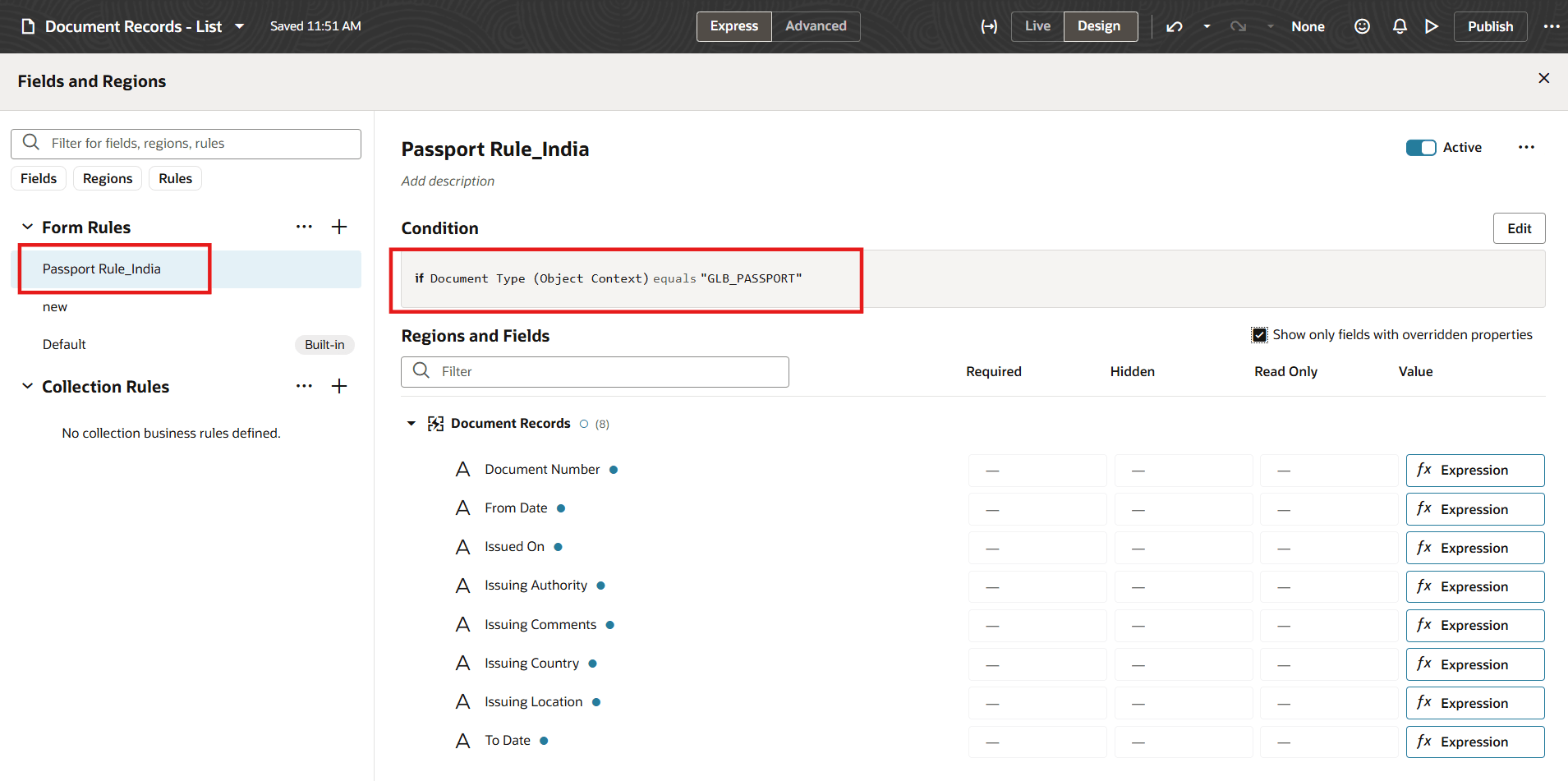 パスポート文書タイプのシード済ルール・テンプレートに基づいて作成されたルール
