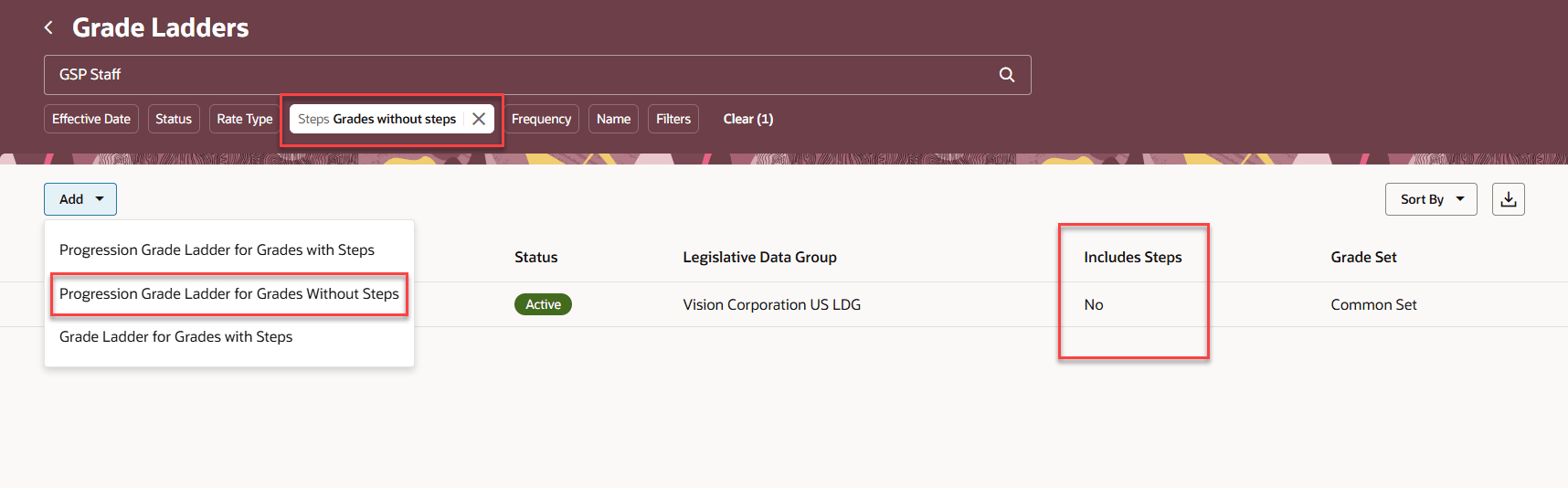 新しい追加オプションおよびステップ・フィルタが表示されたRedwoodの等級ラダー検索ページ