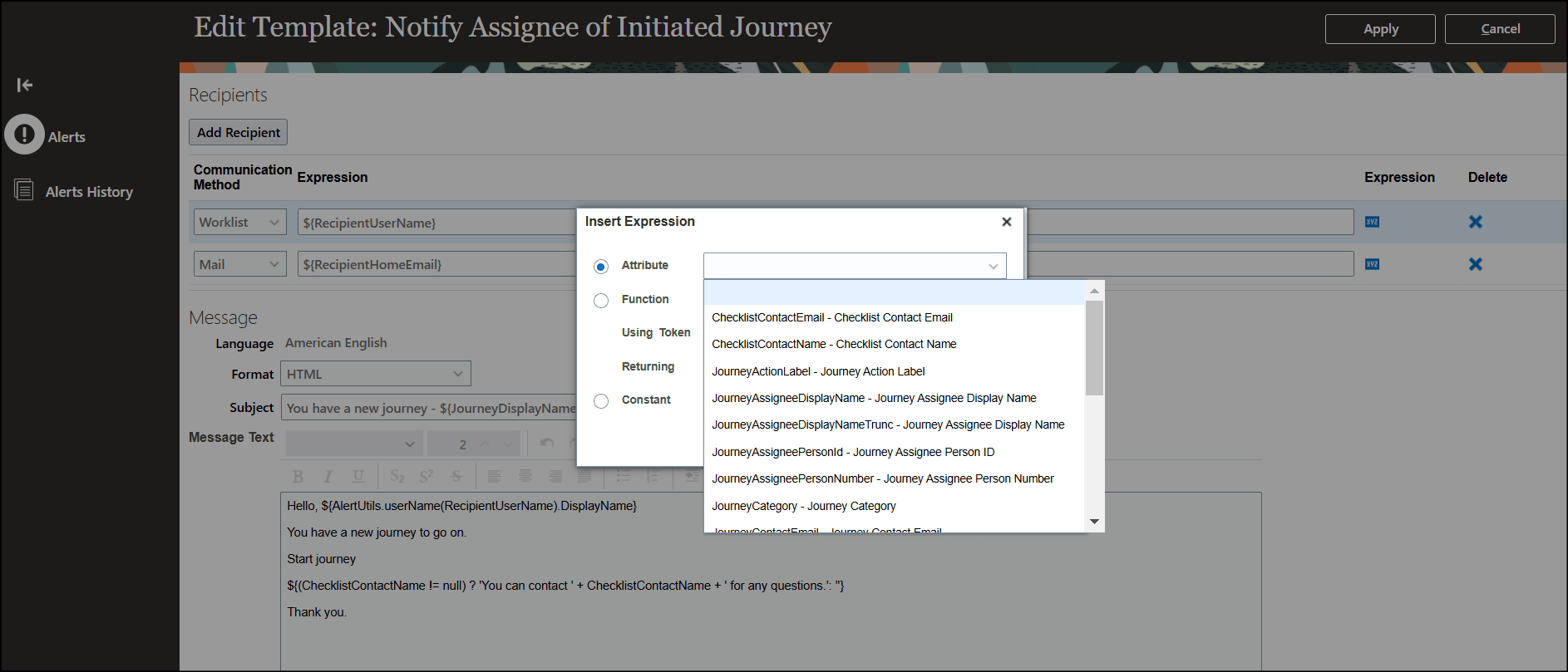 トークンを追加または更新するためのアラート・テンプレートの編集