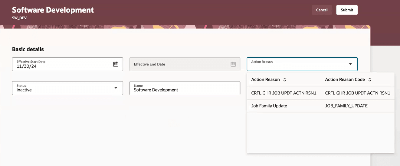 ジョブ・ファミリ・ページの有効開始日に基づく「処理事由」値リストのフィルタおよびフォーマット