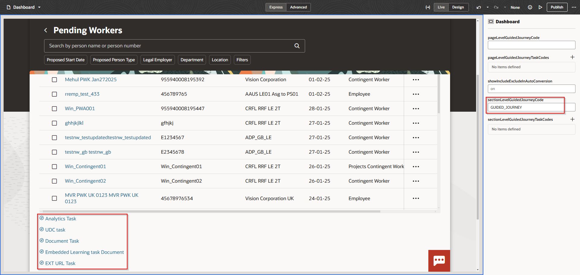 「処理待ち就業者」ページのセクション・レベルに定義されたガイド付きジャーニ