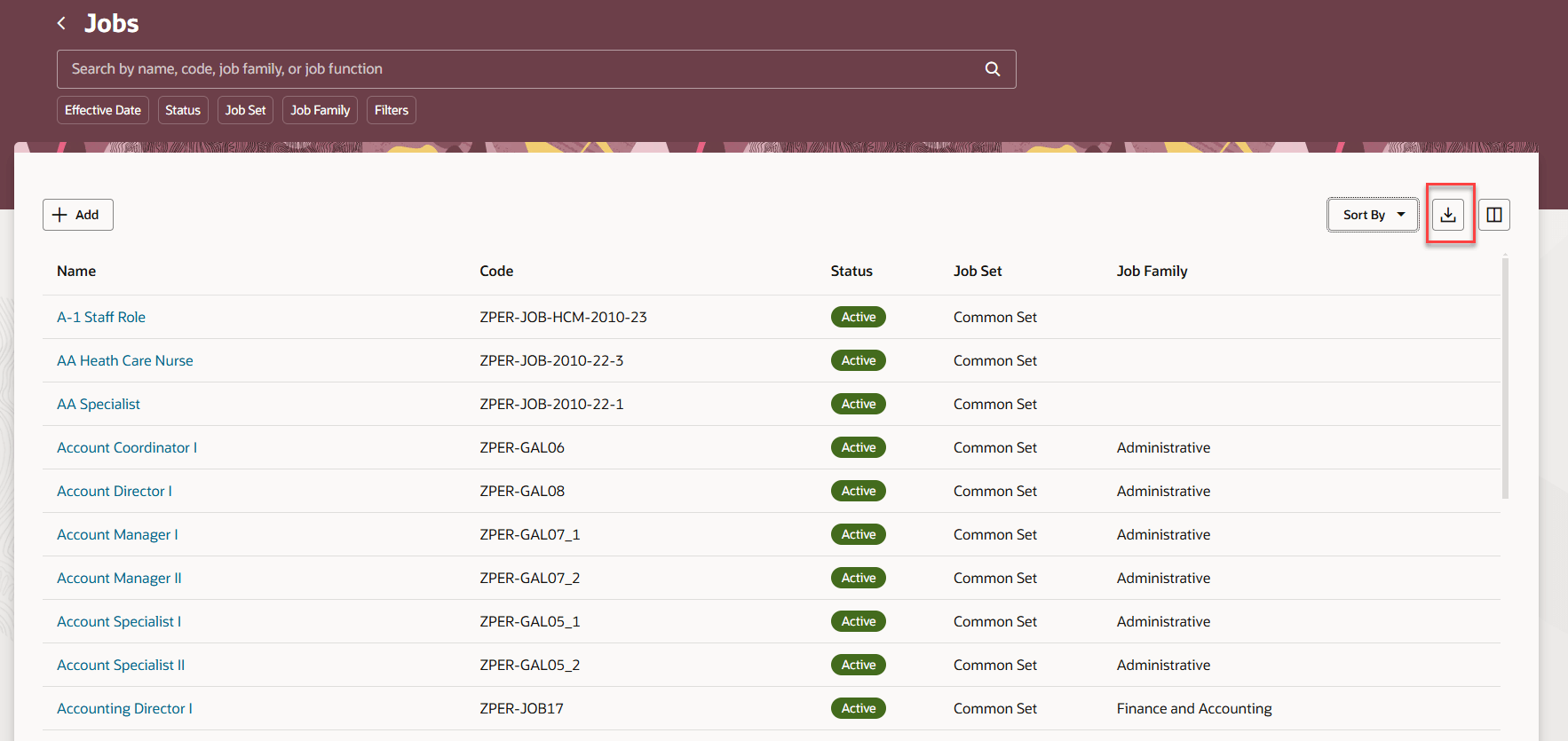 ジョブの検索結果ページの「エクスポート」ボタン