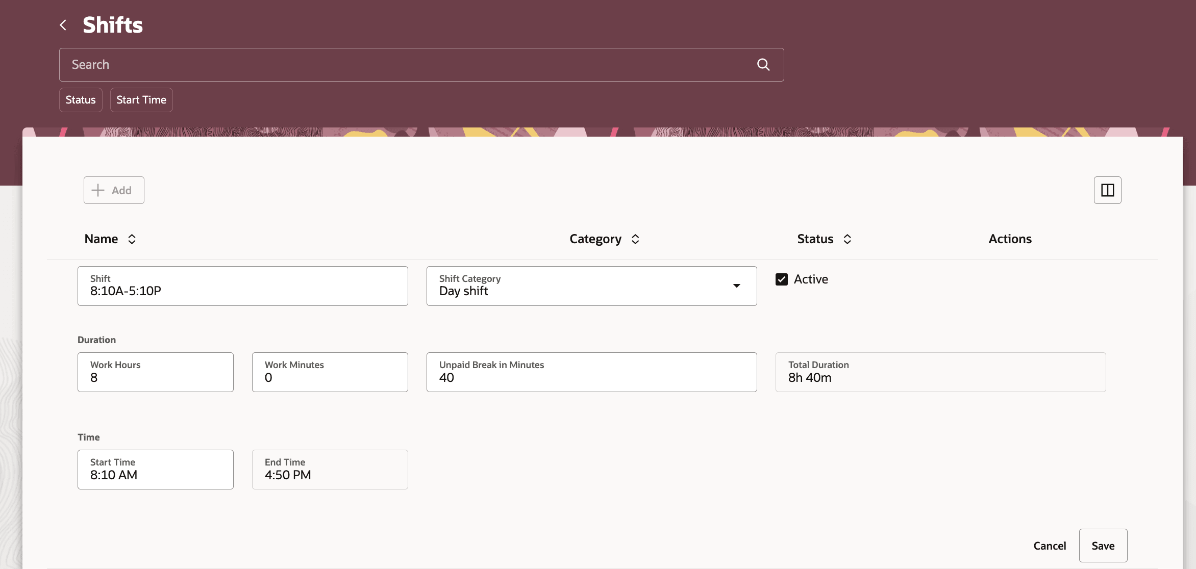 午前8:10の開始時間と午後4:50の終了時間が表示されたシフト・ページ