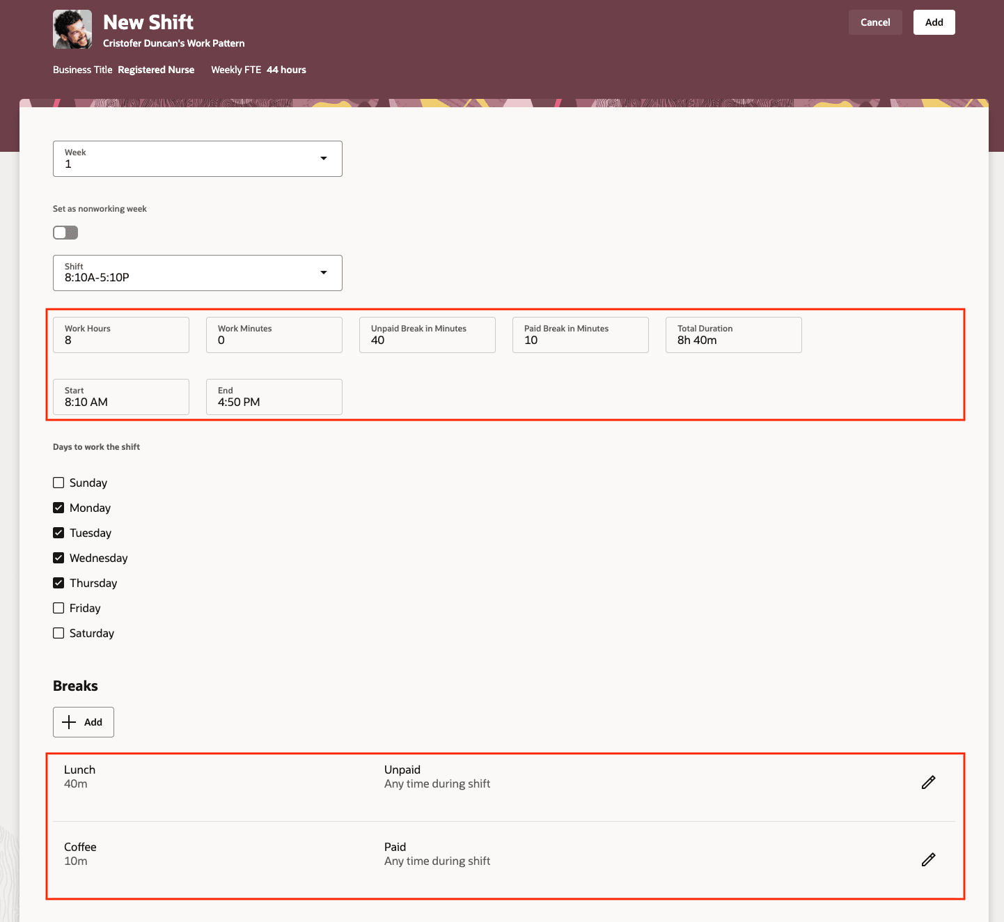 40分の無給休憩および10分の有給休憩を含む新しい勤務パターン