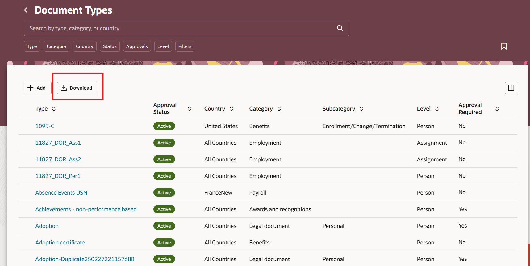 Redwoodの「文書タイプ」ページの検索結果の「エクスポート」ボタン