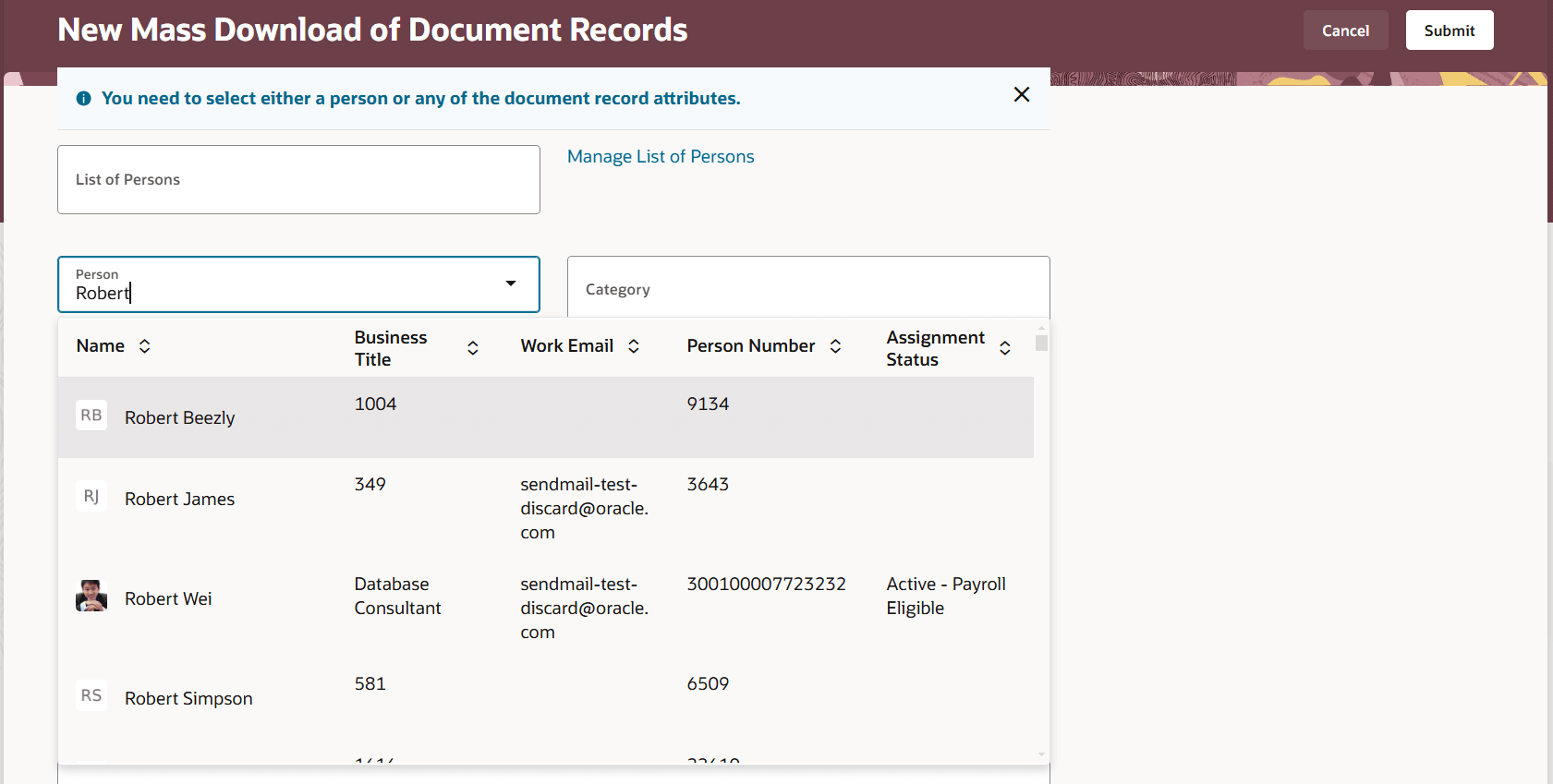 「文書レコードの一括ダウンロード」ページの個人値リスト