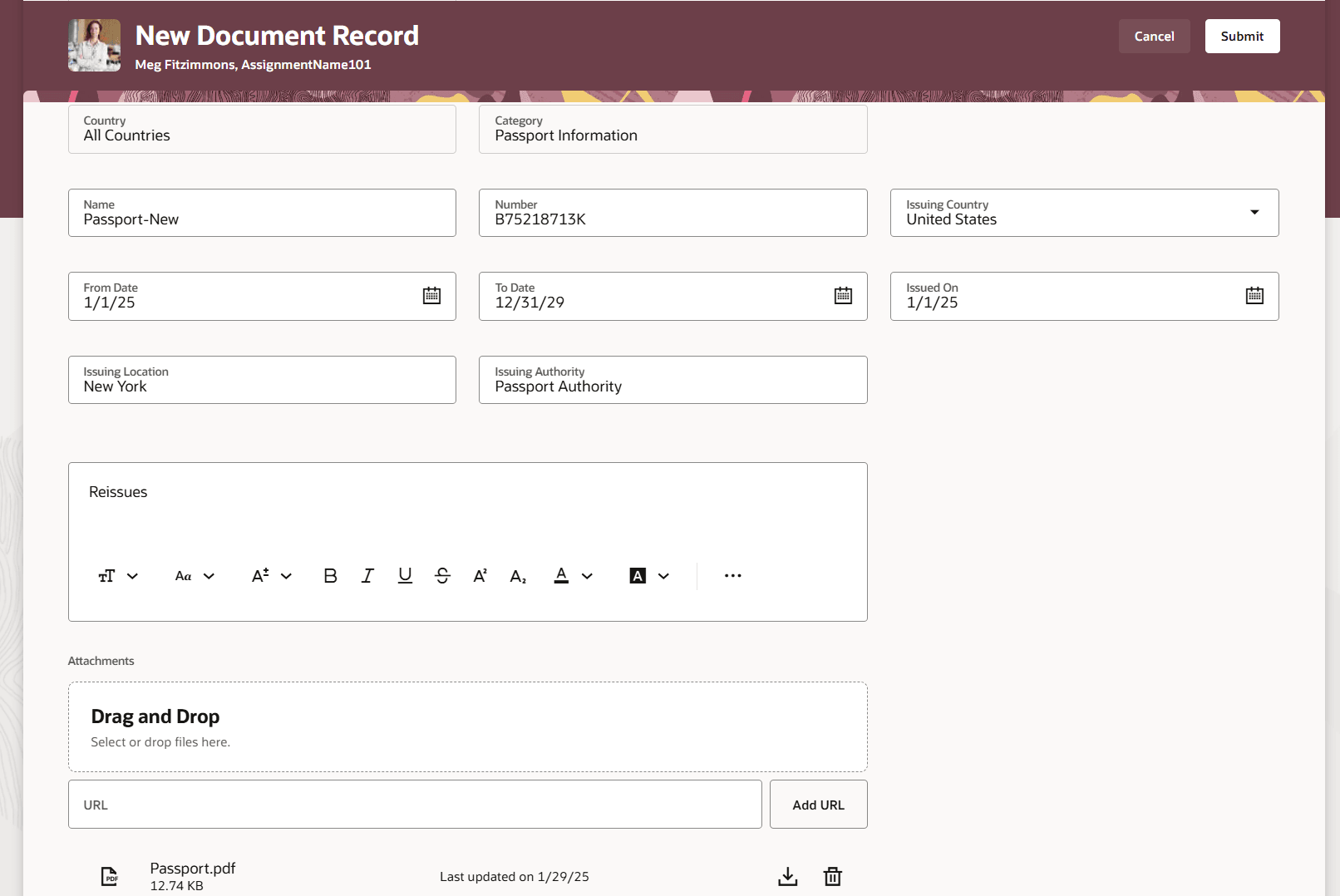 複製した文書レコードへの添付のアップロード