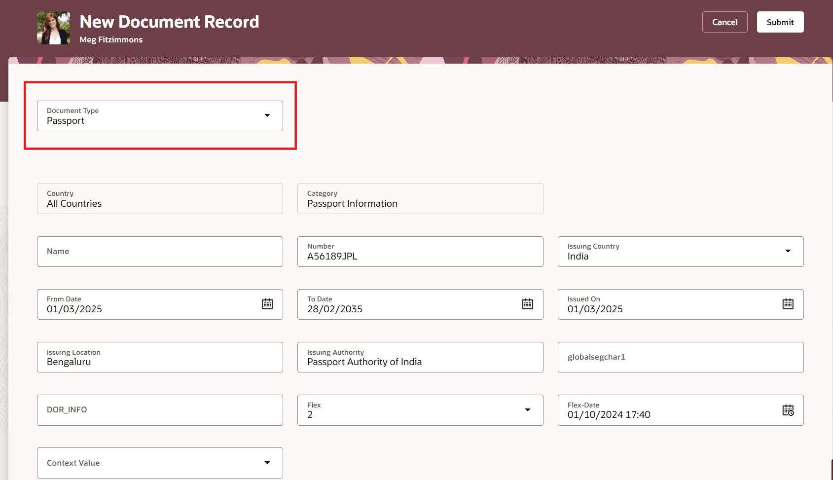 パスポート文書レコードの作成時に個人識別情報からデフォルト設定されたデータ