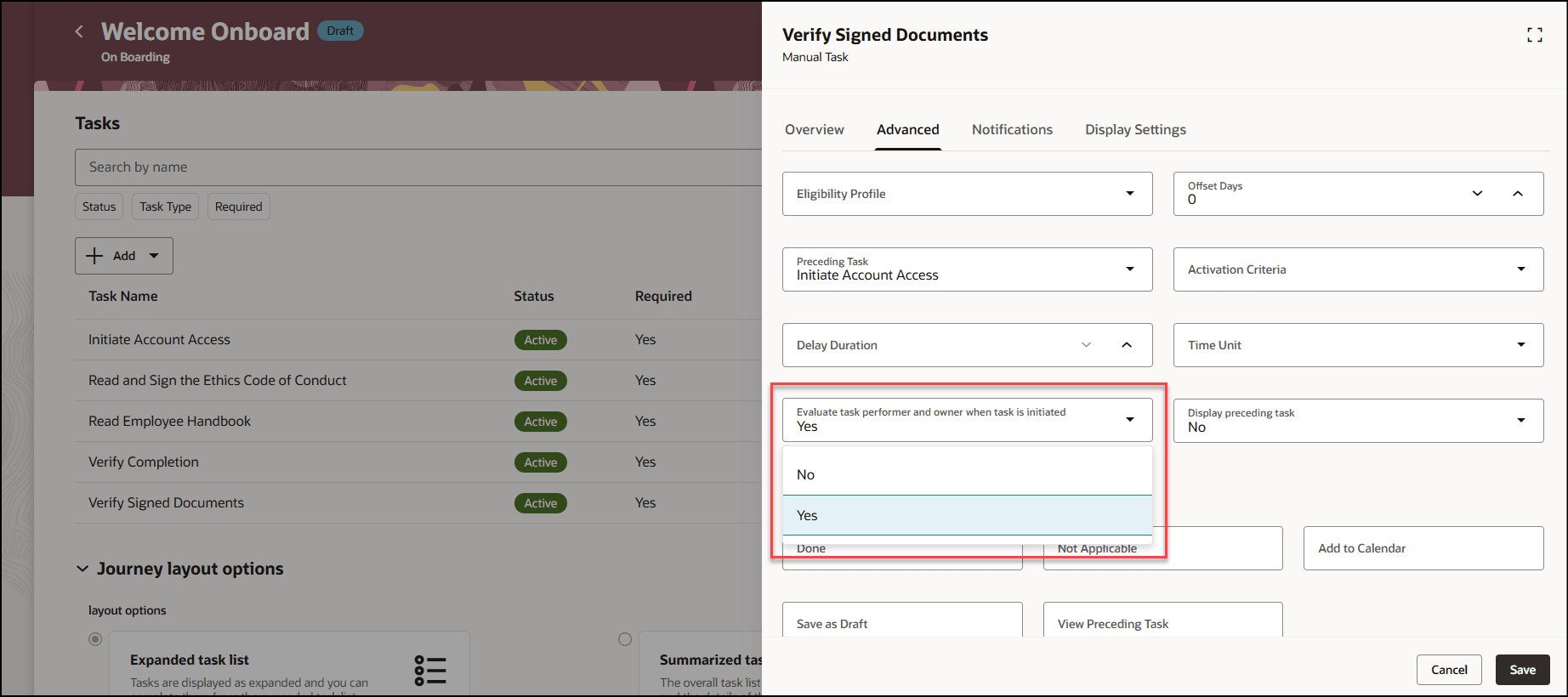 タスク開始時にタスク実行者および所有者を評価するオプション