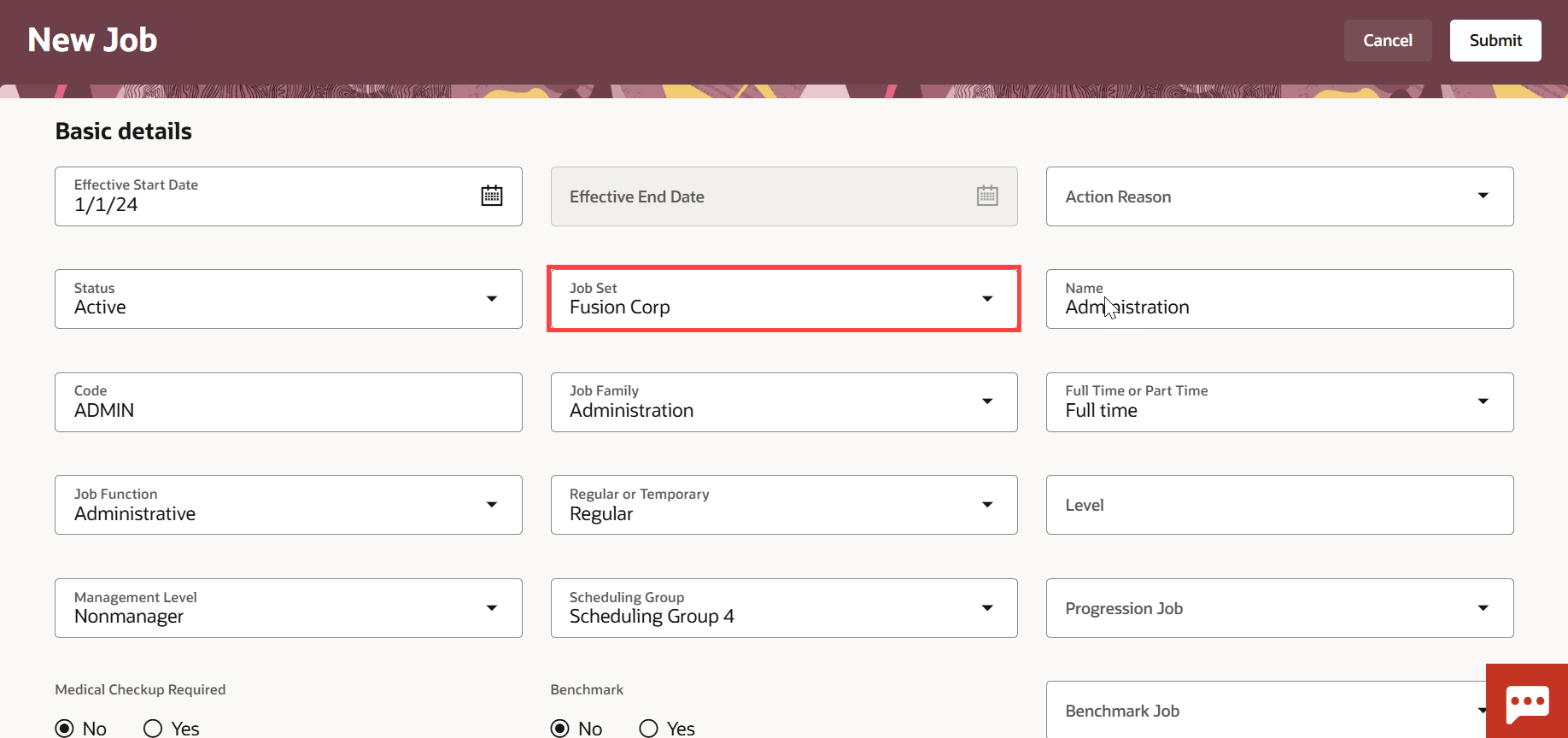 「企業HCM情報」ページの「デフォルト・セット」にデフォルト設定された「ジョブ・セット」