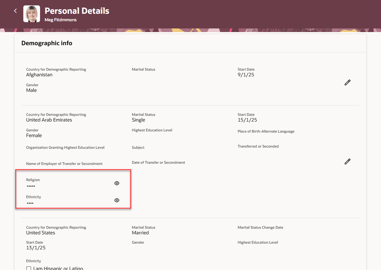 Redwoodの「個人詳細」ページでマスクされた「宗教」および「エスニシティ」