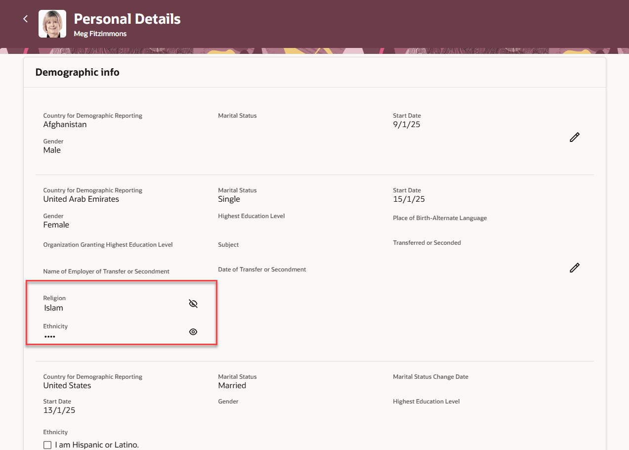 Redwoodの「個人詳細」ページでマスク解除された「宗教」、およびマスクされた「エスニシティ」