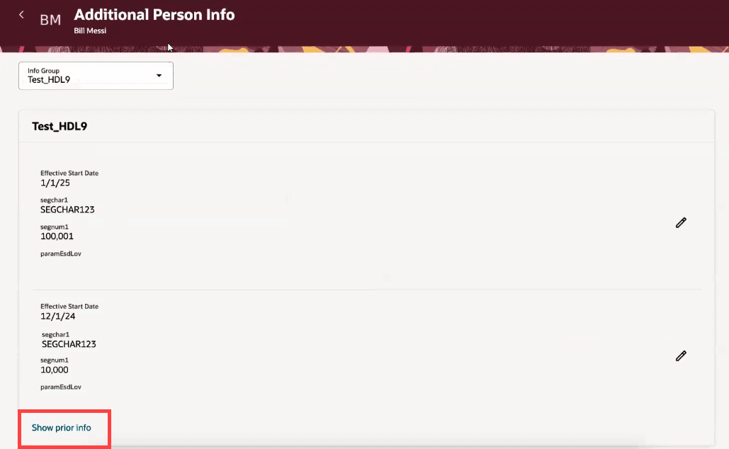 Redwoodの「追加個人情報」ページの「前の情報の表示」リンク