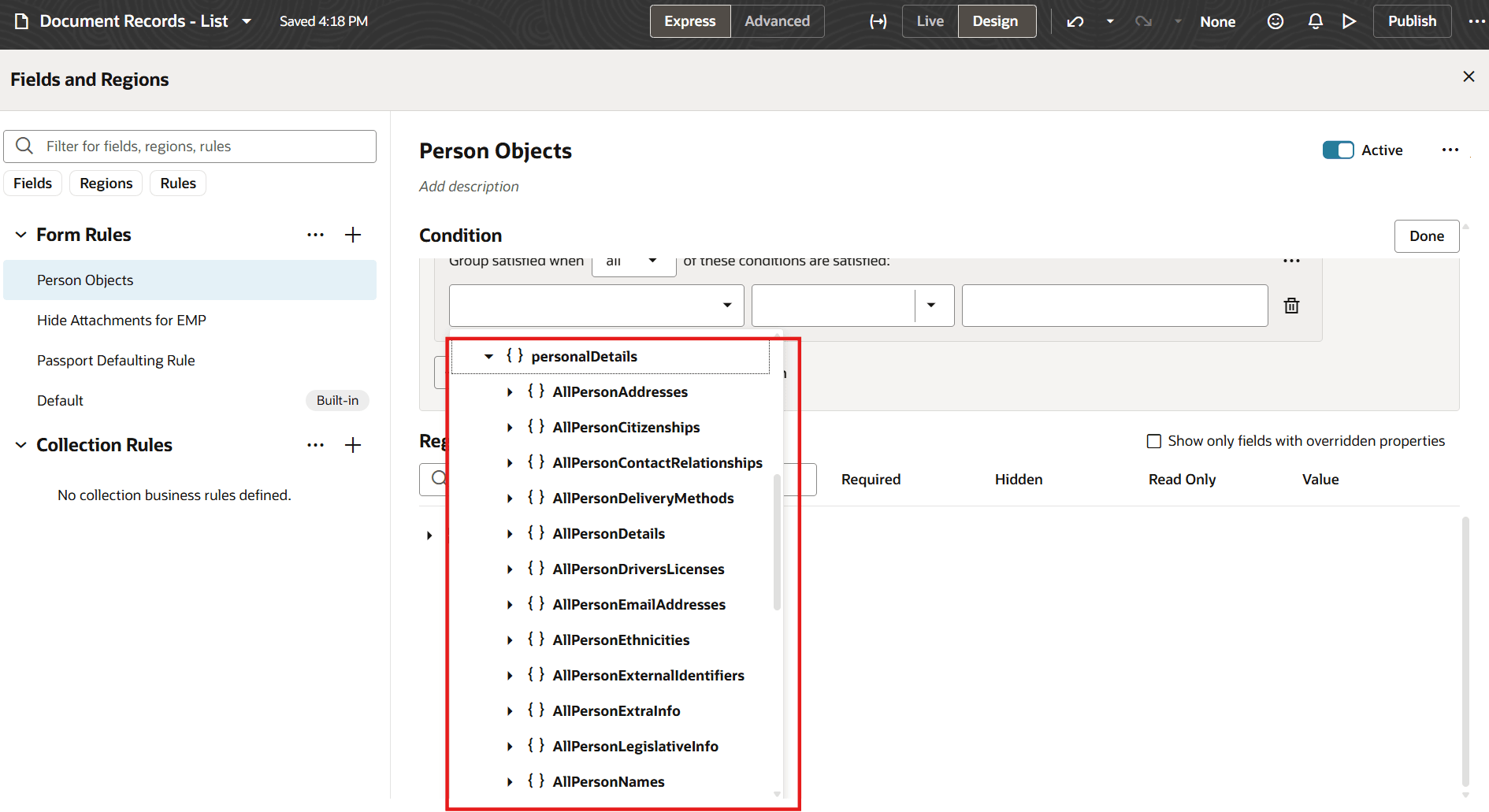 文書レコードのビジネス・ルール構成に使用可能な個人オブジェクト
