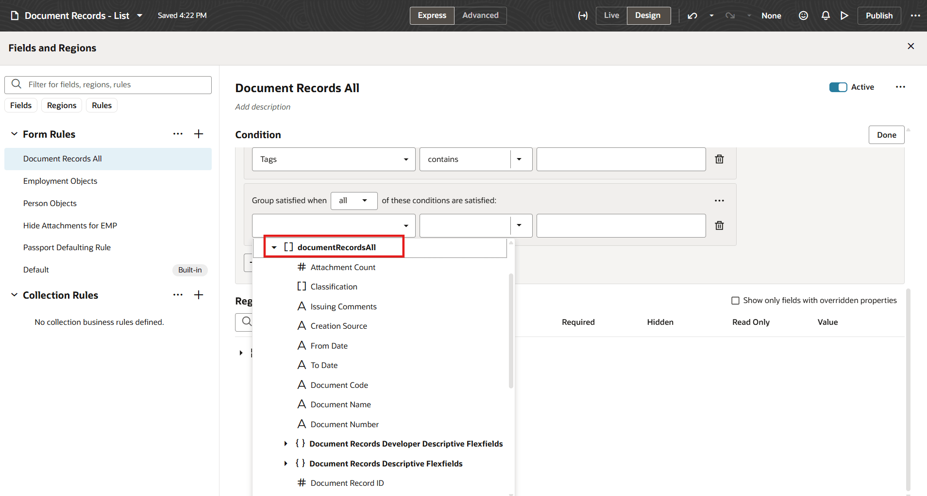 documentRecordsAllドキュメント・レコードのビジネス・ルール構成に使用可能なオブジェクト