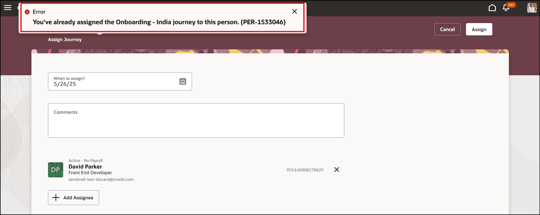 オプションが構成され、進行中のジャーニが割り当てられた場合に表示されるエラー・メッセージ