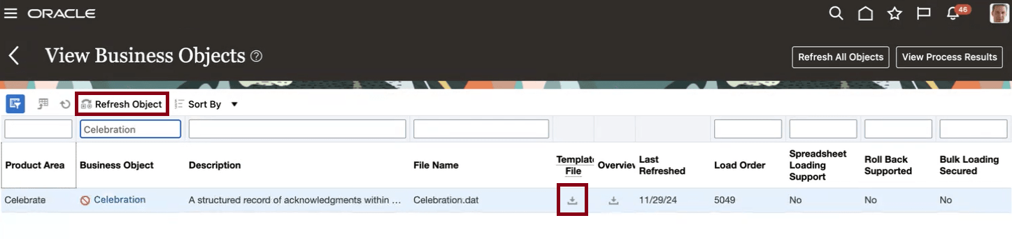 「オブジェクトのリフレッシュ」および「ダウンロード」オプションが強調表示された「ビジネス・オブジェクトの表示」ページのスクリーンショット。 