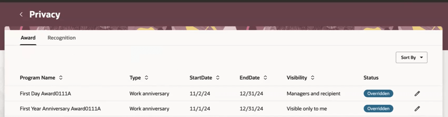 「プライバシ」ページのスクリーンショット。