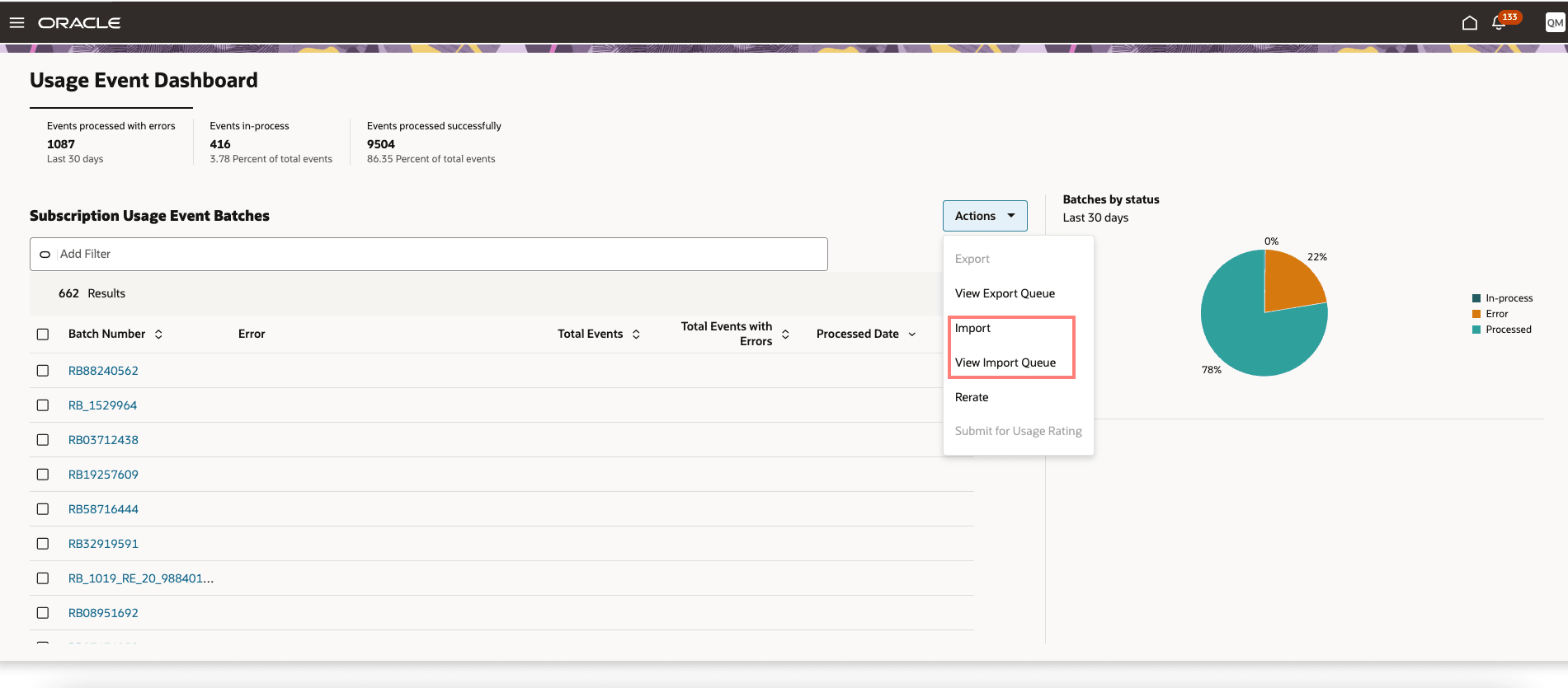 使用イベント・ダッシュボード- インポート