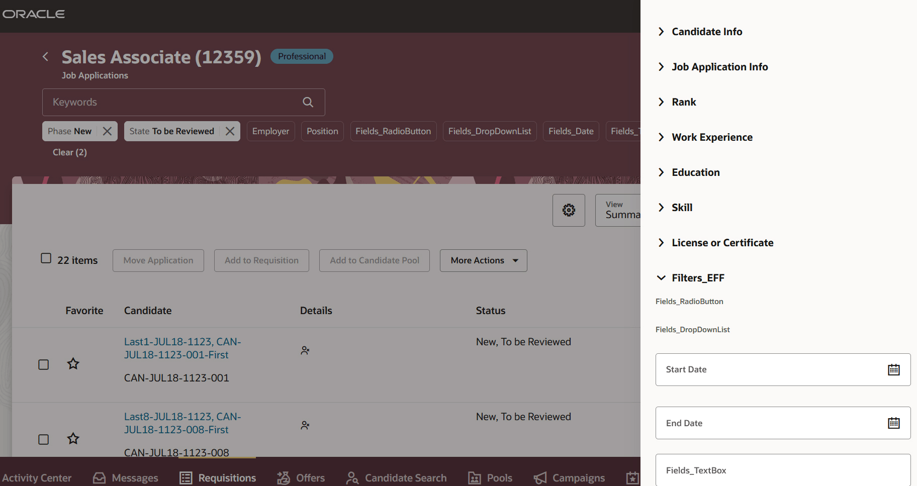 ジョブ応募のEFFフィルタを示すスクリーンショット