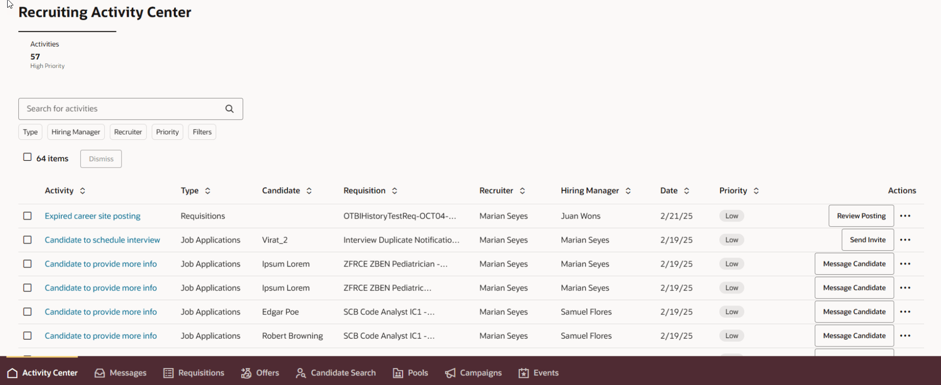 「採用アクティビティ・センター」ページのタブ