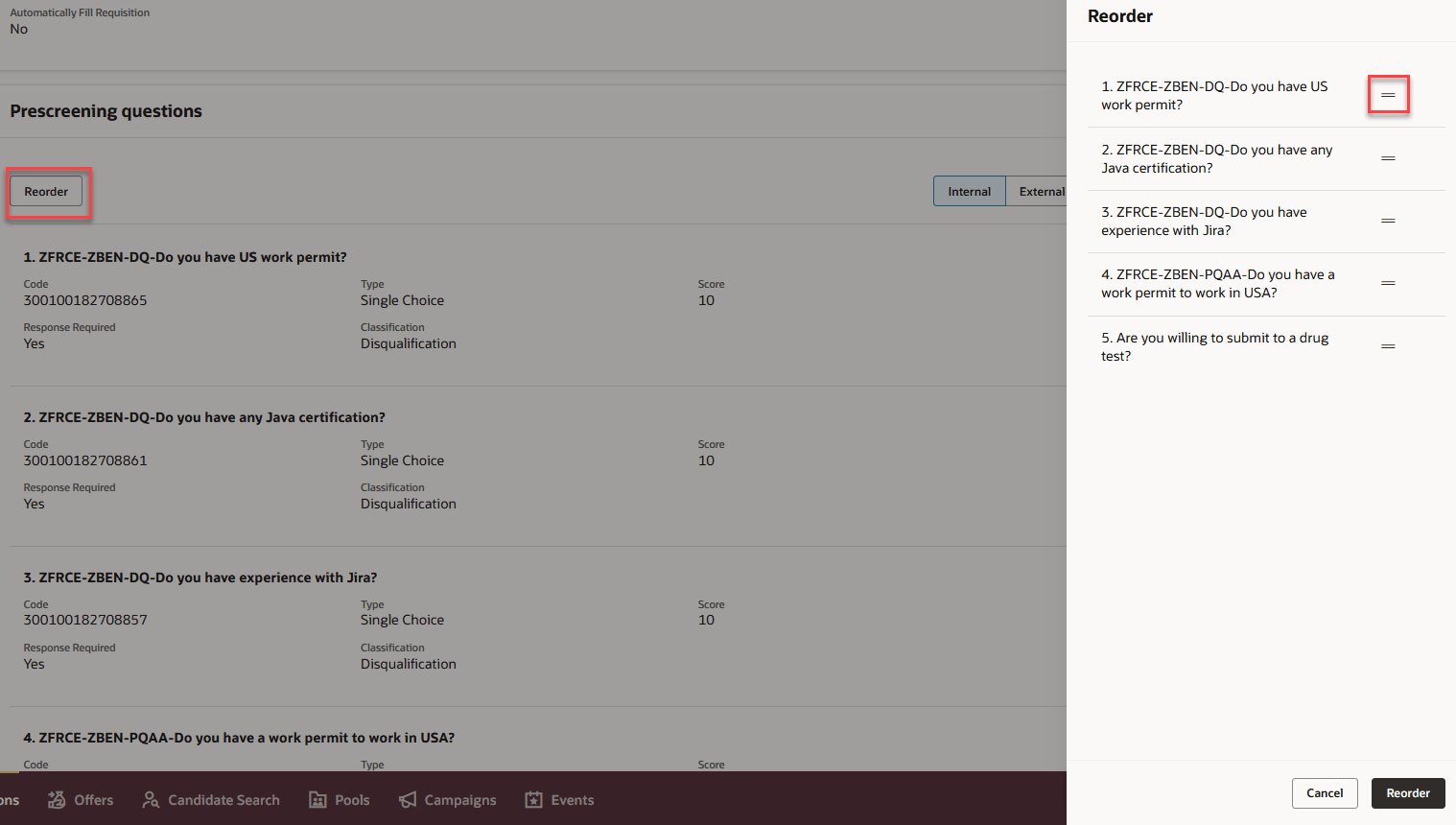 「順序変更」パネルでの事前スクリーニング質問の順序変更