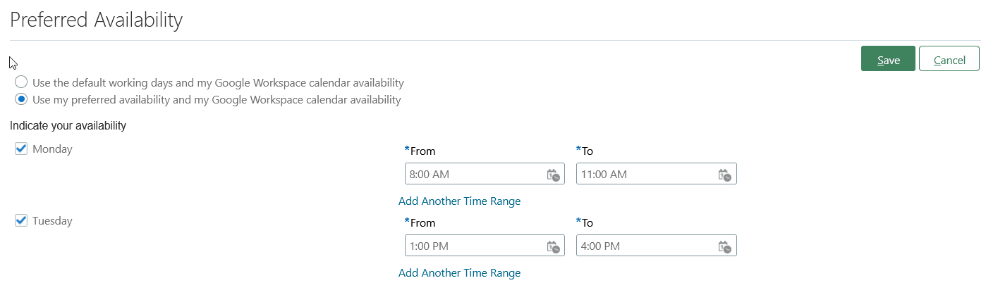 「希望時間帯」およびGoogle Workspaceカレンダの空き時間の使用