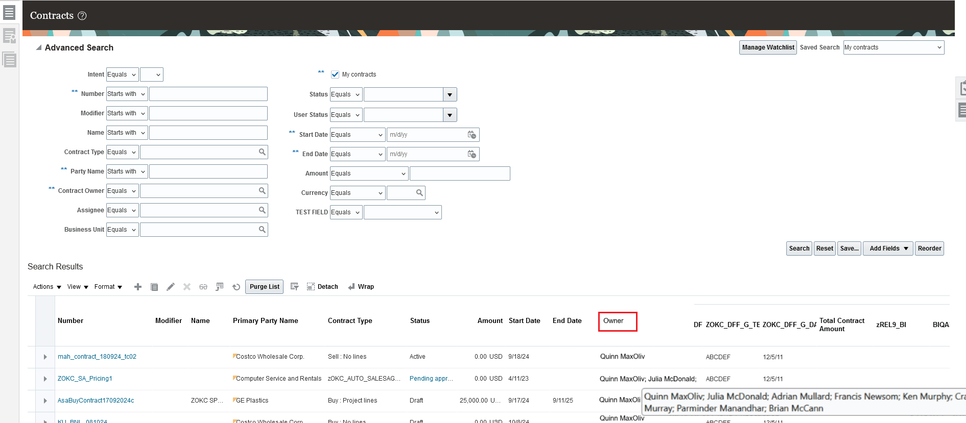 検索結果表でハイライト表示された「所有者」フィールド