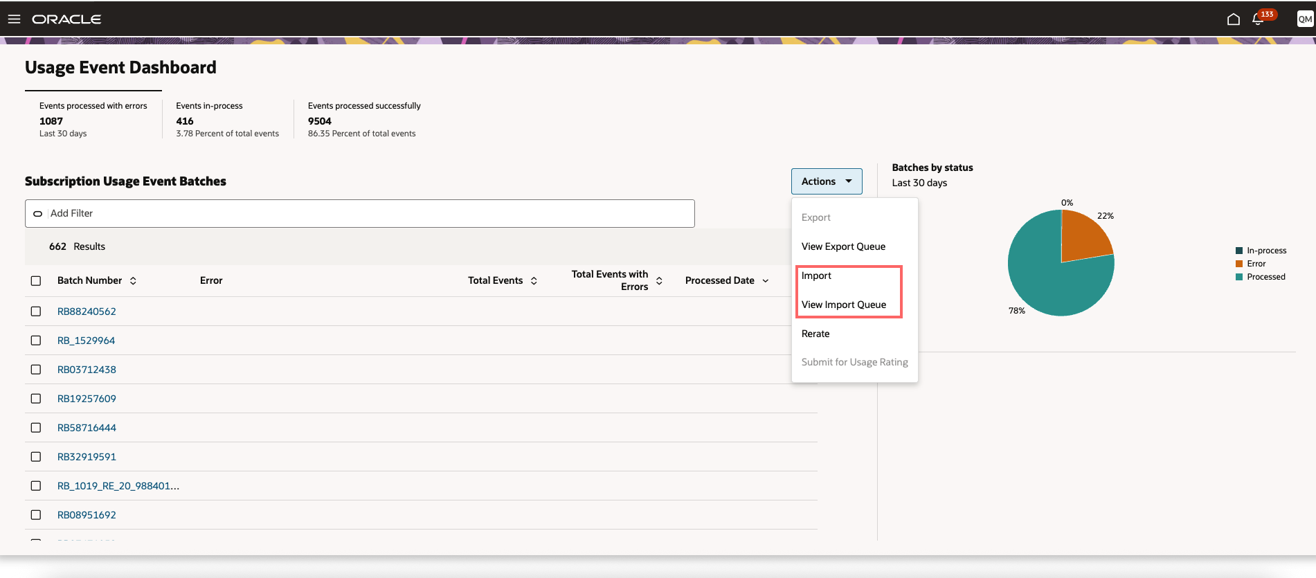 使用イベント・ダッシュボード- インポート