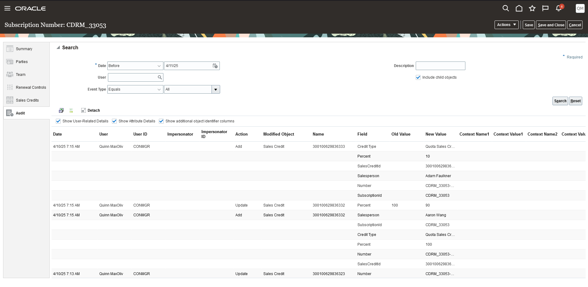 セールス・クレジット監査- 登録レベル