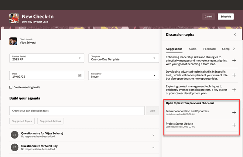「前のチェックインからのオープン・トピック」セクション