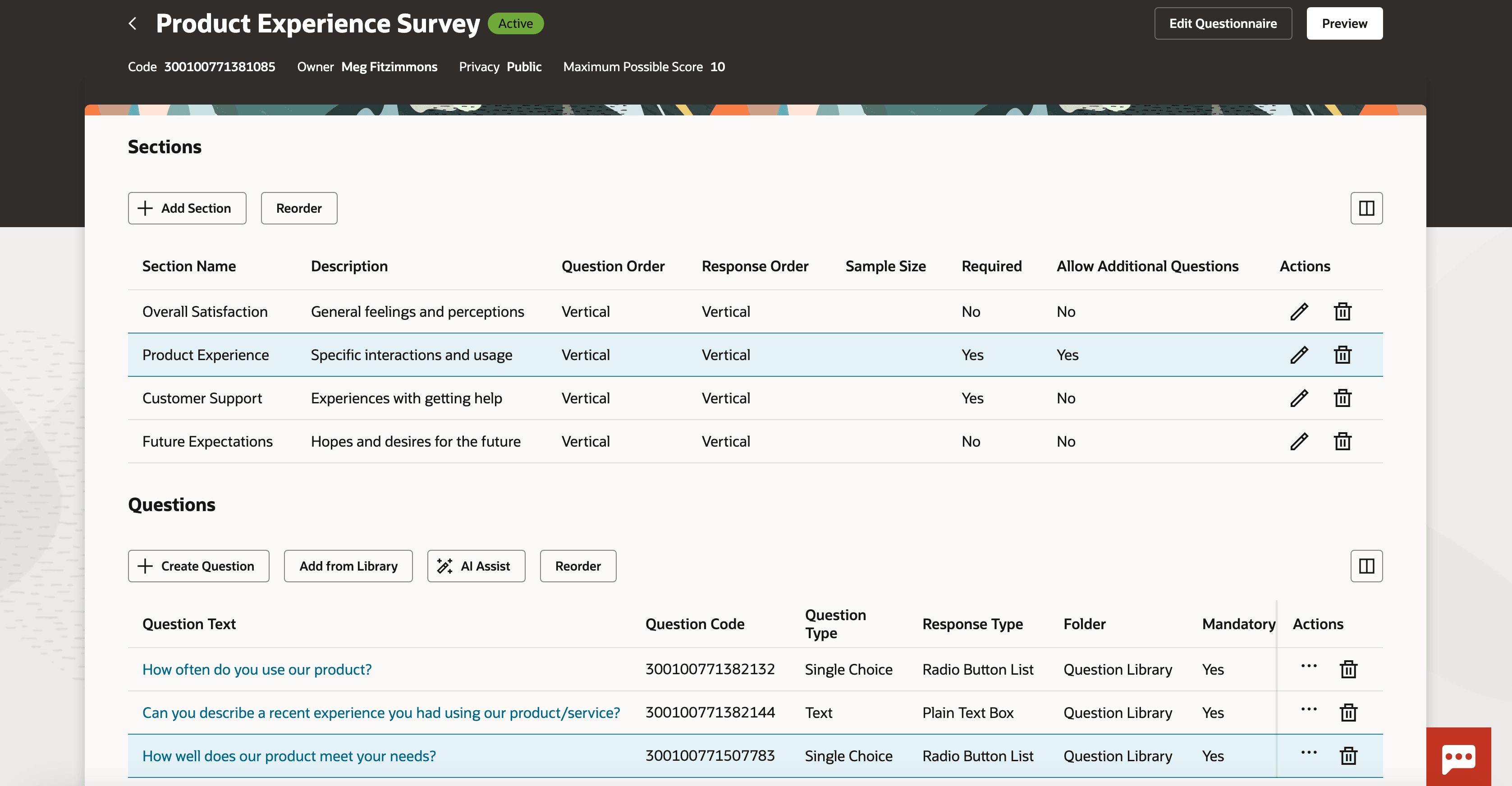 セクションおよび質問を含むスクリーン・キャプチャ