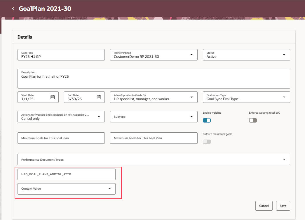 目標プラン詳細で強調表示されているフレックスフィールド