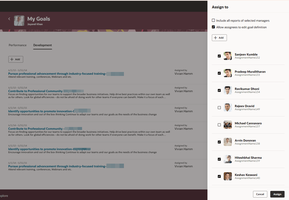 チーム・メンバーが「自分の目標」ページの「開発」タブの「割当先」ドロワーにリストされます。 
