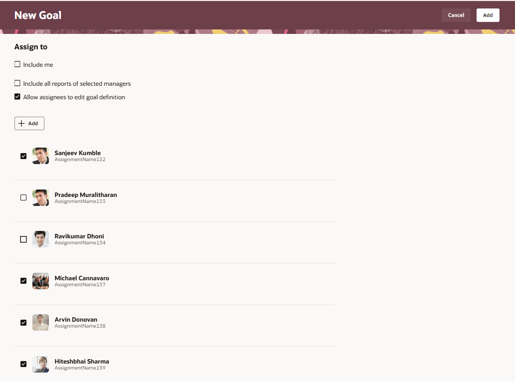 選択したチーム・メンバーが表示されている「新規目標」ページの「割当先」セクション。