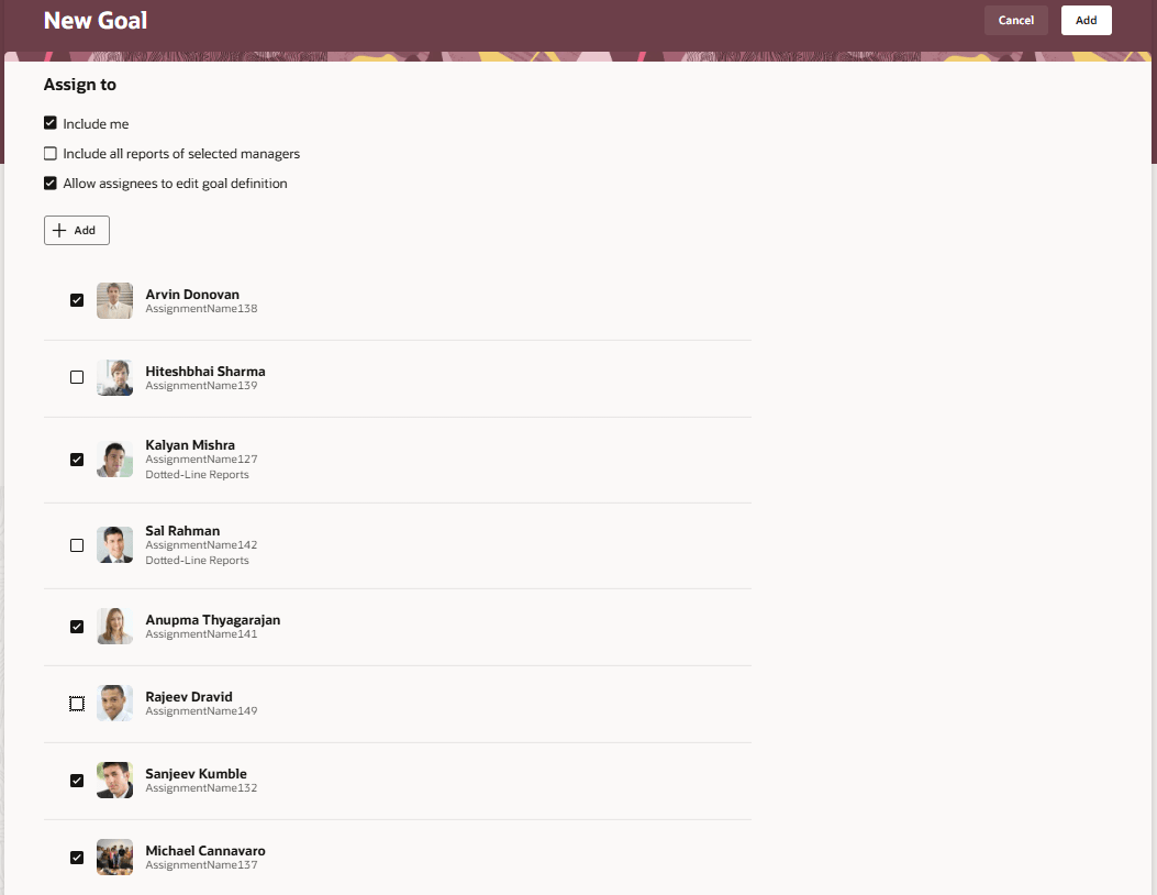 選択したチーム・メンバーが表示されている「新規目標」ページの「割当先」セクション。