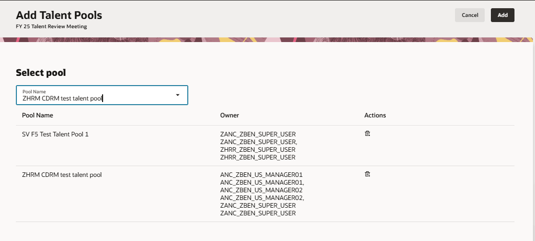タレント・プールを追加するための「タレント・プールの追加」ページ