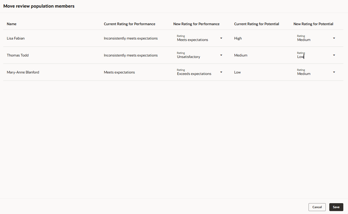 選択したメンバーが表示されている「レビュー対象就業者メンバーの移動」パネル。