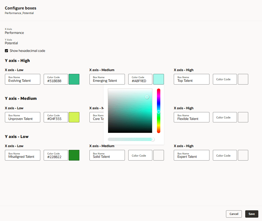 ボックス・チャート・ビューのボックス用のカラー・ピッカー付きの「ボックスの構成」パネル