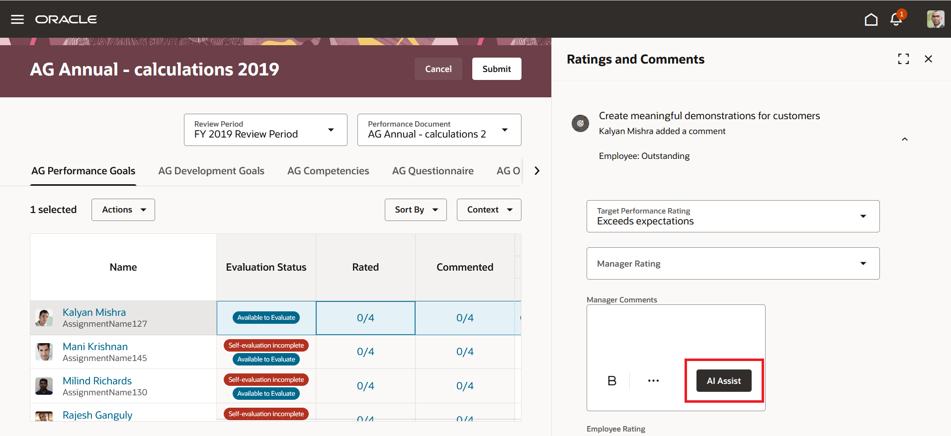 このスクリーンショットは「オールインワン評価」ページを示しています。「目標」パネル・ドロワーで「AI支援」ボタンが強調表示されています。