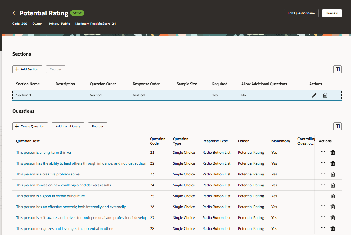 選択したセクションの質問を表示する質問リスト・ページ