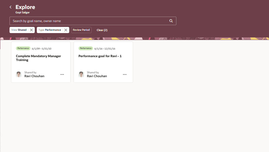 共有パフォーマンス目標を表示するチーム・メンバーの「探索」ページ
