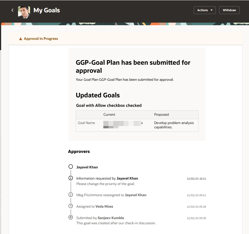 「自分の目標」ページの承認詳細
