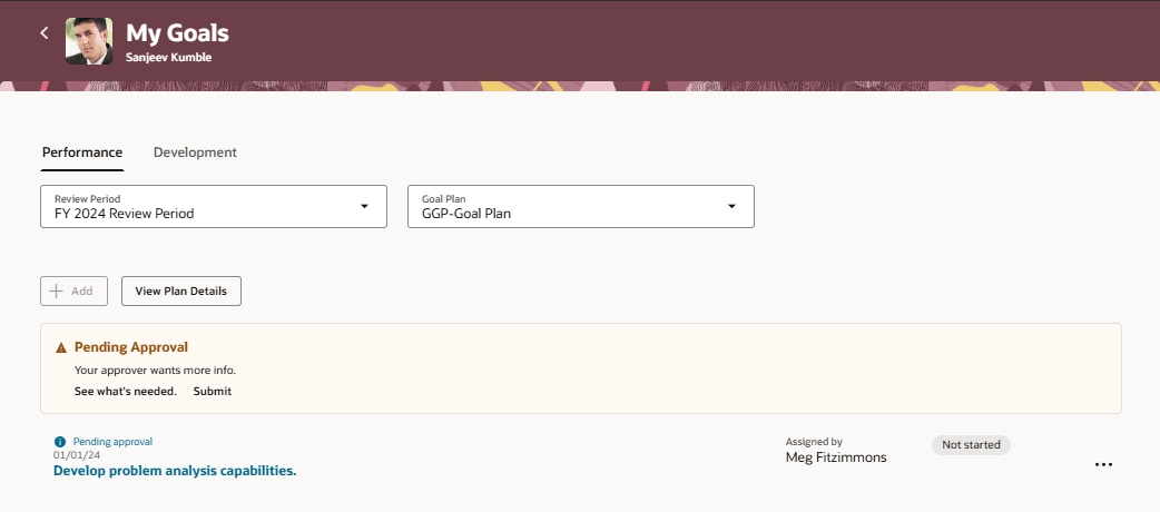 「送信」オプションを含む承認メッセージ・バナーが表示された「自分の目標」ページの「パフォーマンス」タブ