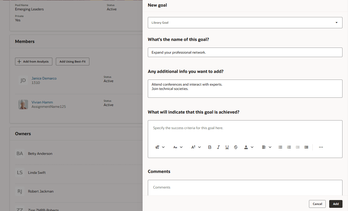 タレント・プールの新規目標パネル